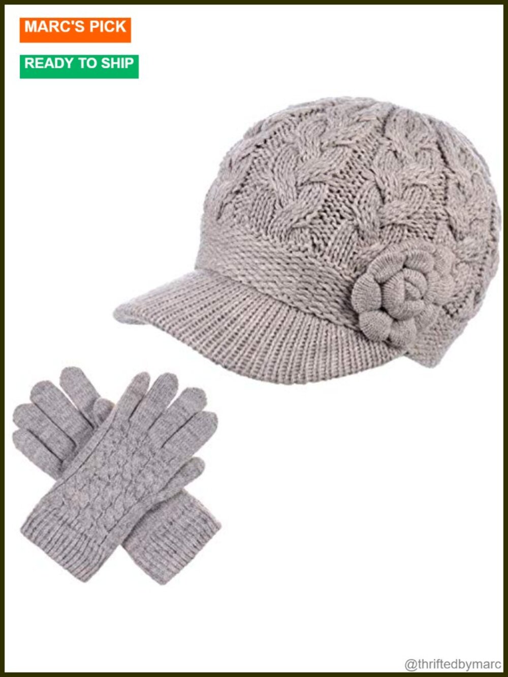 Women's Fleece Lined Cable Knit Newsboy Hat with Visor and Flower Embellishment